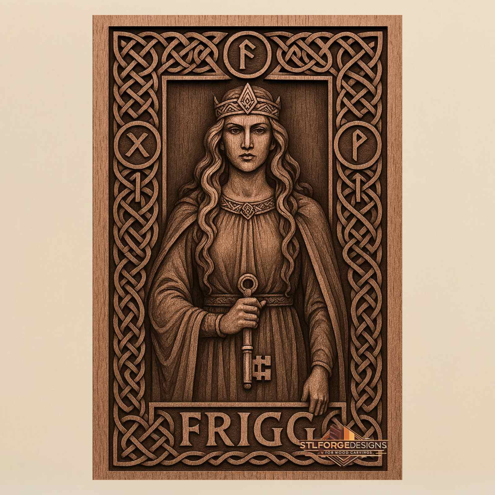 Frigg rune medallions STL CNC wall panel — finished wood carving of Frigg rune medallions key and FRIGG inscription in Celtic frame, beech wood