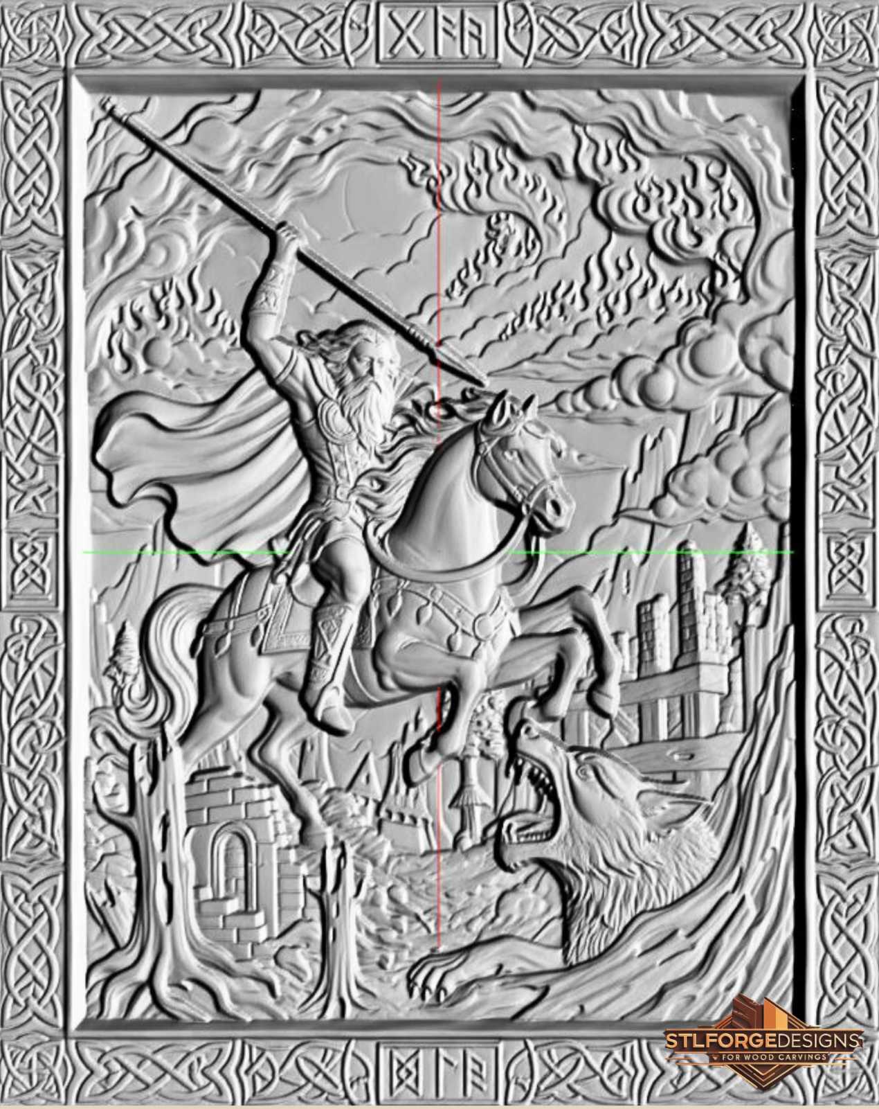 Detail STL CNC Odin Sleipnir Fenrir fire clouds — fire clouds above destroyed buildings right Fenrir with open jaws below right Odin on Sleipnir Gungnir aimed