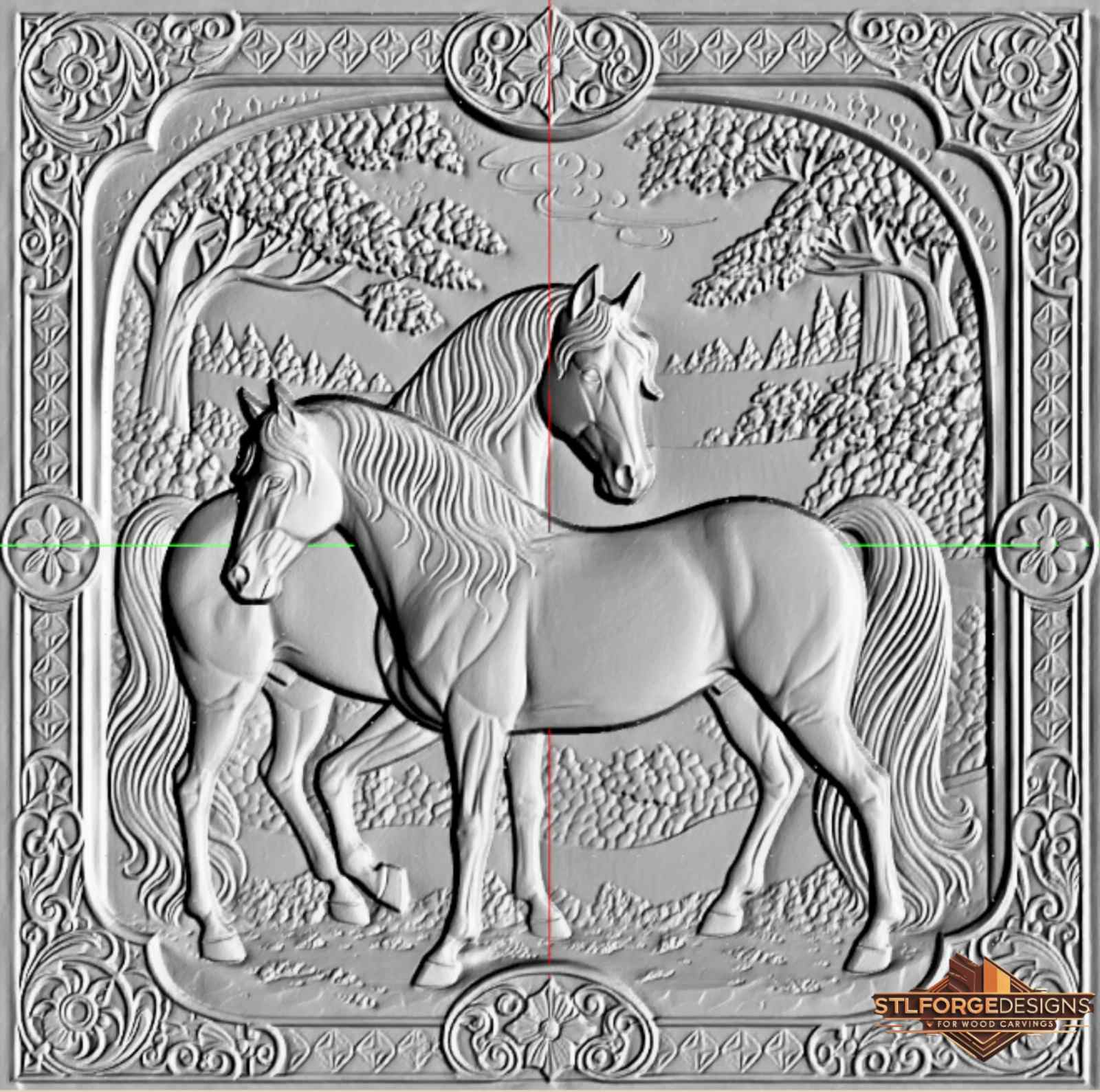 two horses CNC wood carving floral frame medallions forest scene STL file