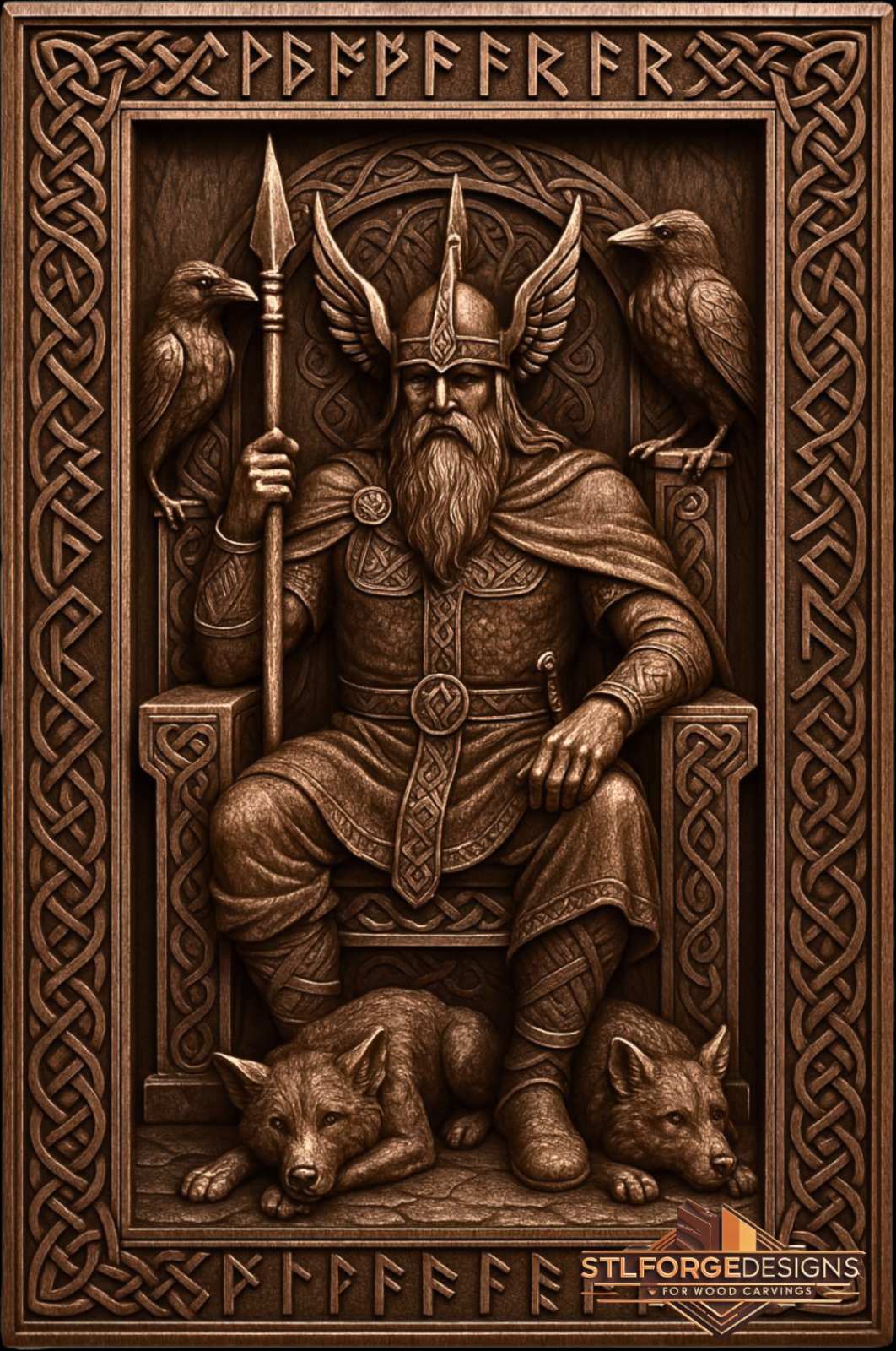 Детайл STL CNC Един трон Norse — крилат шлем Гунгнир Celtic орнамент на трона два гарвана на подлакътниците два вълка Гери Фреки долу и рунически бордери