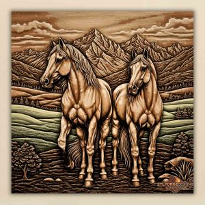 Two horses mountain STL CNC 3D relief — two powerful horses in mountain landscape with pine forests hills and clouds, wood carving model