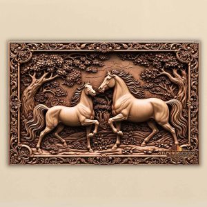 Horses garden baroque frame STL CNC wall panel — finished wood carving of two horses blooming garden baroque frame horizontal, beech wood