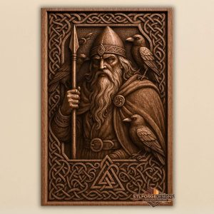Norse mythology wall panel featuring Odin, ravens, and Valknut symbol for CNC carving
