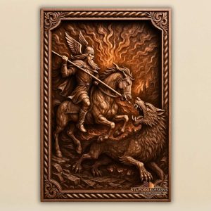 Odin Sleipnir Fenrir STL CNC router 3D relief — Norse god Odin on horse Sleipnir with spear against wolf Fenrir fiery background Ragnarok and twisted rope frame wood carving model