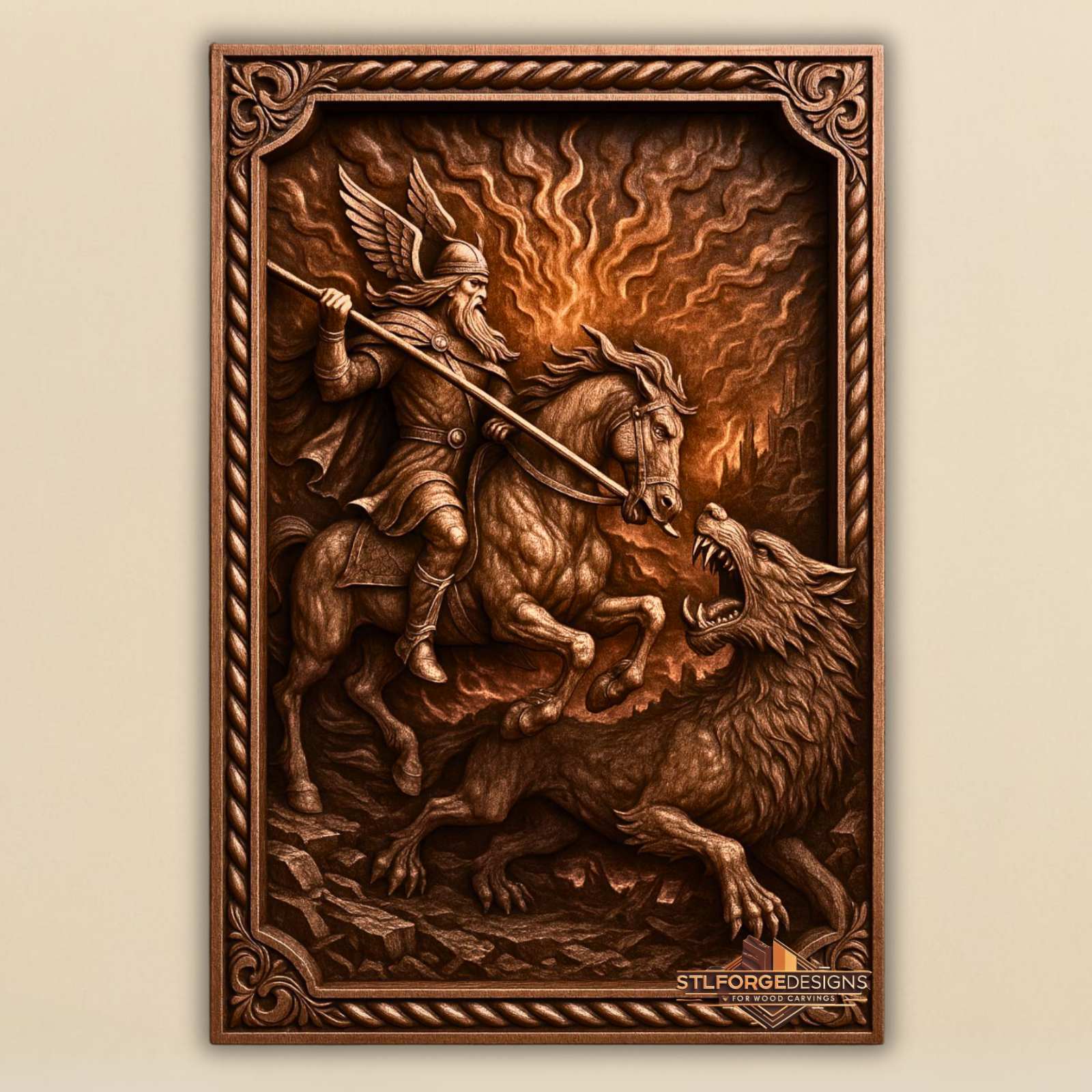 Odin Sleipnir Fenrir STL CNC router 3D relief — Norse god Odin on horse Sleipnir with spear against wolf Fenrir fiery background Ragnarok and twisted rope frame wood carving model