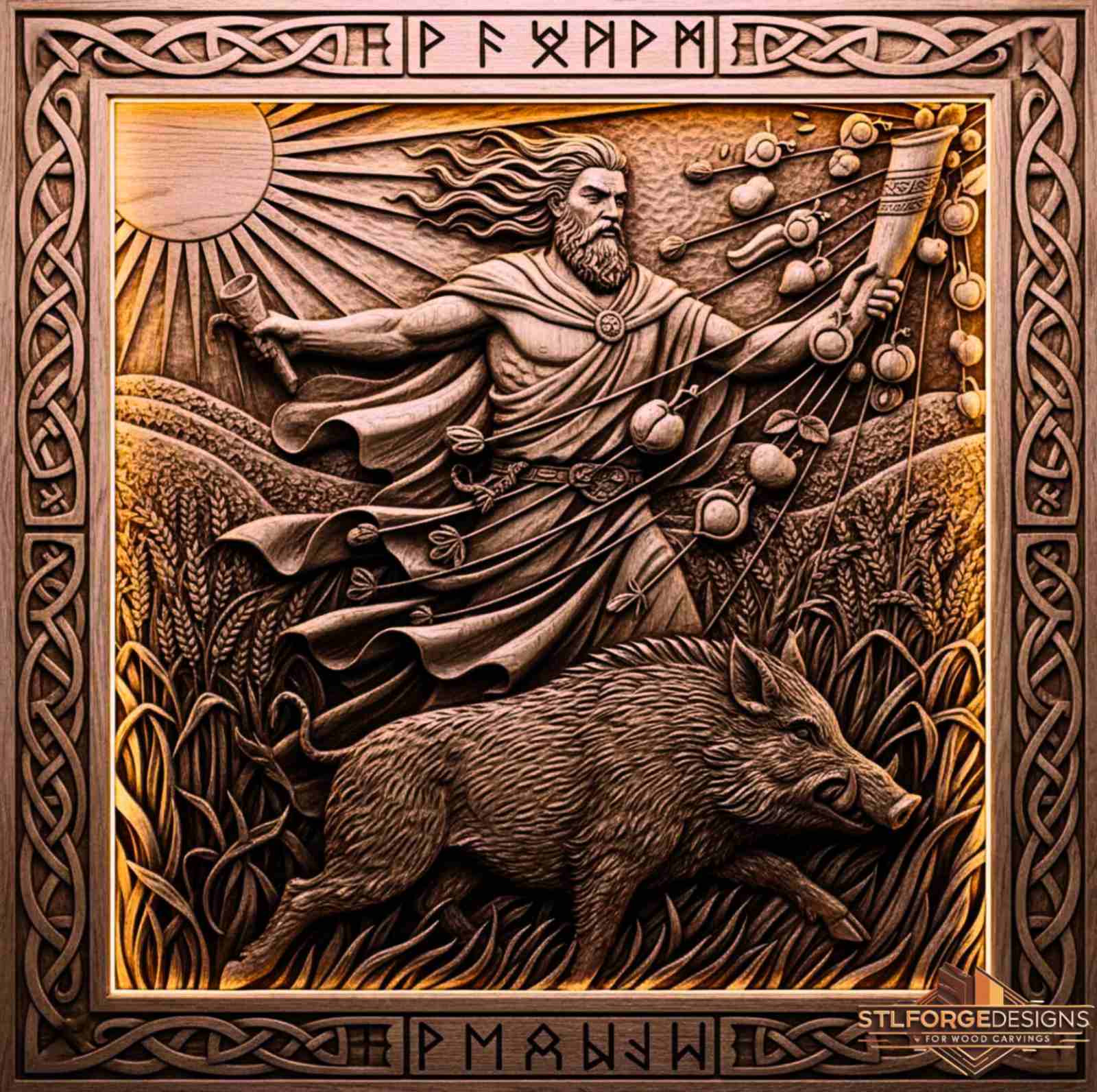 Freyr CNC model detail — wood relief with god in flight over boar, cornucopia with fruits and sunrays, high resolution STL
