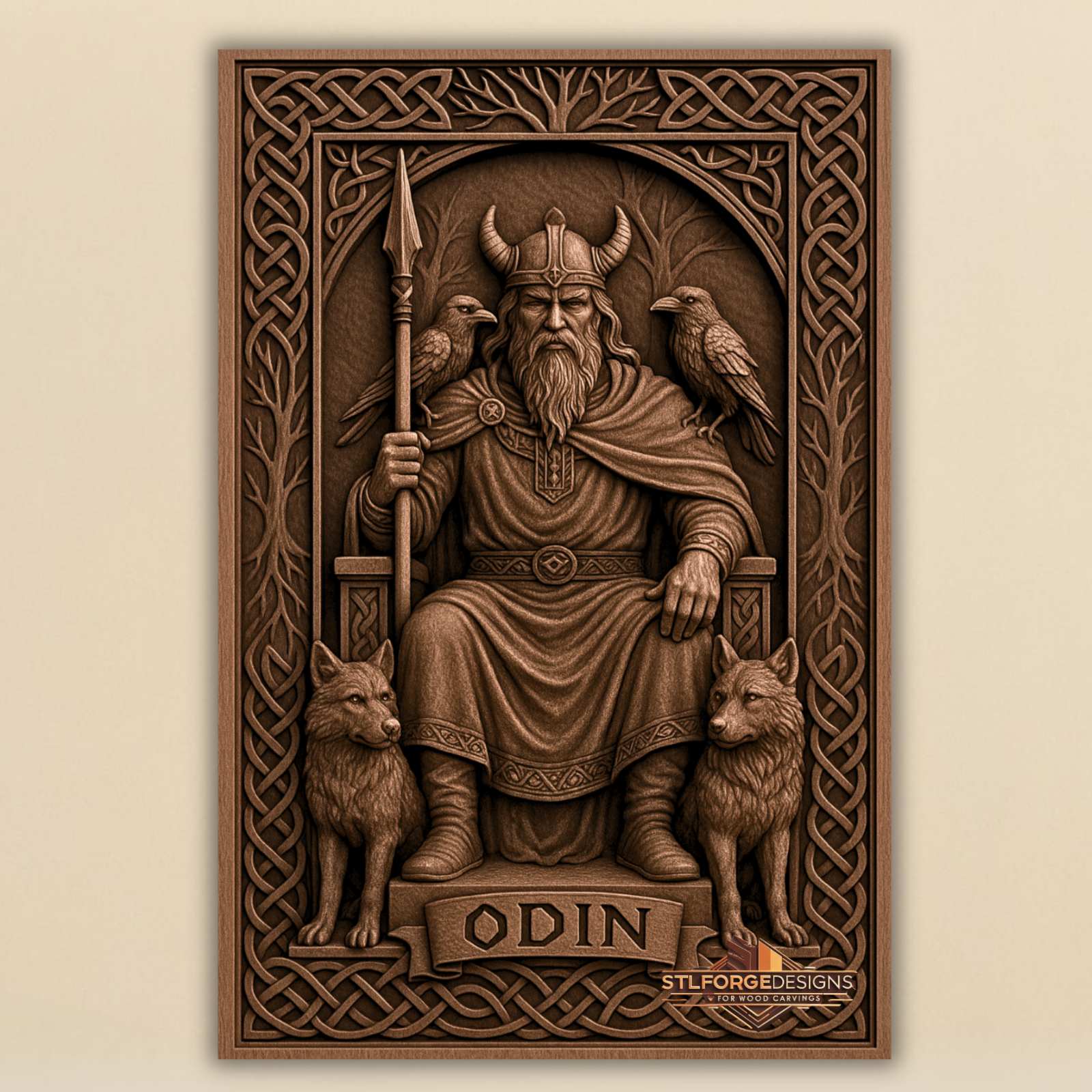 Odin throne inscription STL CNC wall panel — finished wood carving of Odin on throne arch ravens wolves Yggdrasil and ODIN inscription in Celtic frame, beech wood