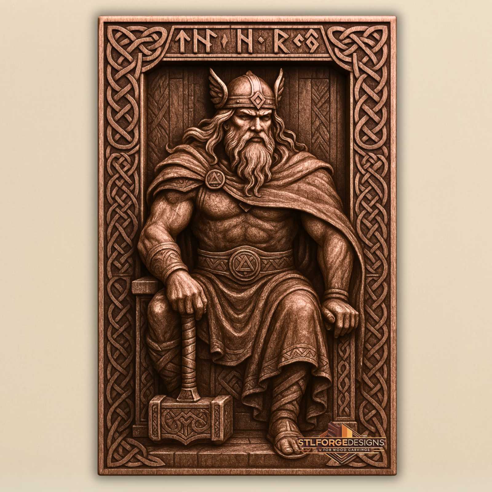 STL file Thor seated throne CNC wood carving — runic inscription top Mjolnir at base CNC-ready for Aspire ArtCAM Fusion 360