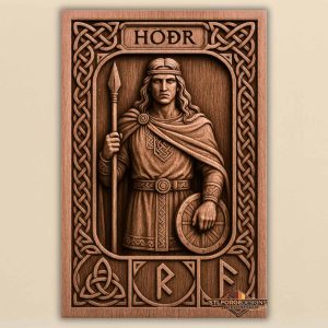 STL file Hodr Norse god CNC wood carving — HÓÐR inscription top Triquetra left two runes below Celtic knotwork frame CNC-ready for Aspire ArtCAM Fusion 360