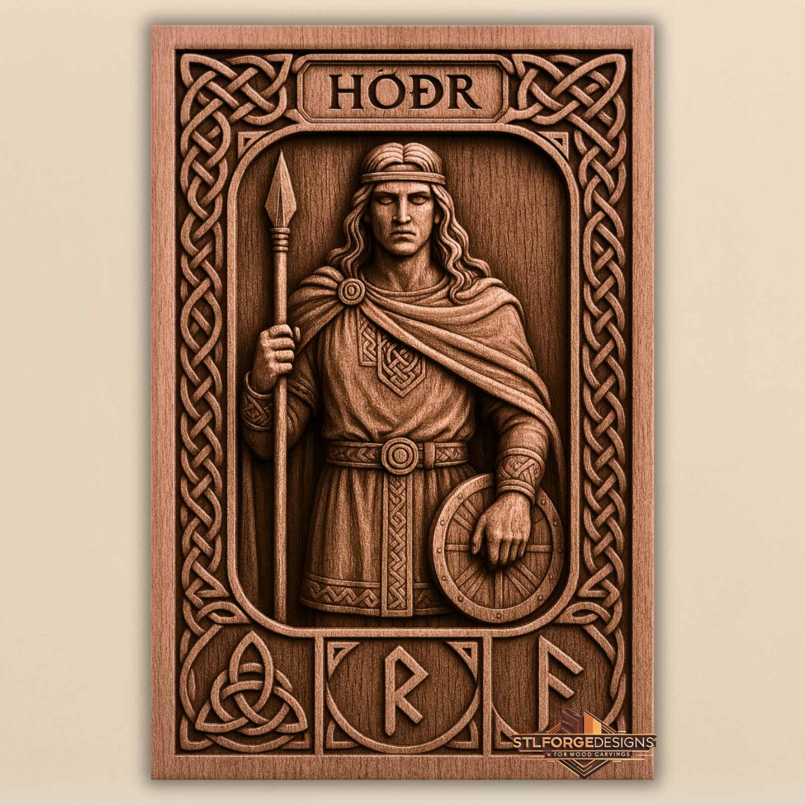 STL file Hodr Norse god CNC wood carving — HÓÐR inscription top Triquetra left two runes below Celtic knotwork frame CNC-ready for Aspire ArtCAM Fusion 360