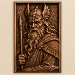 Odin with spear and winged helmet STL CNC 3D relief in Norse mythology style