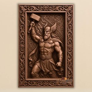 STL file Thor attacking diagonal Mjolnir CNC — baroque acanthus frame Celtic spiral background bare torso CNC-ready for Aspire ArtCAM Fusion 360