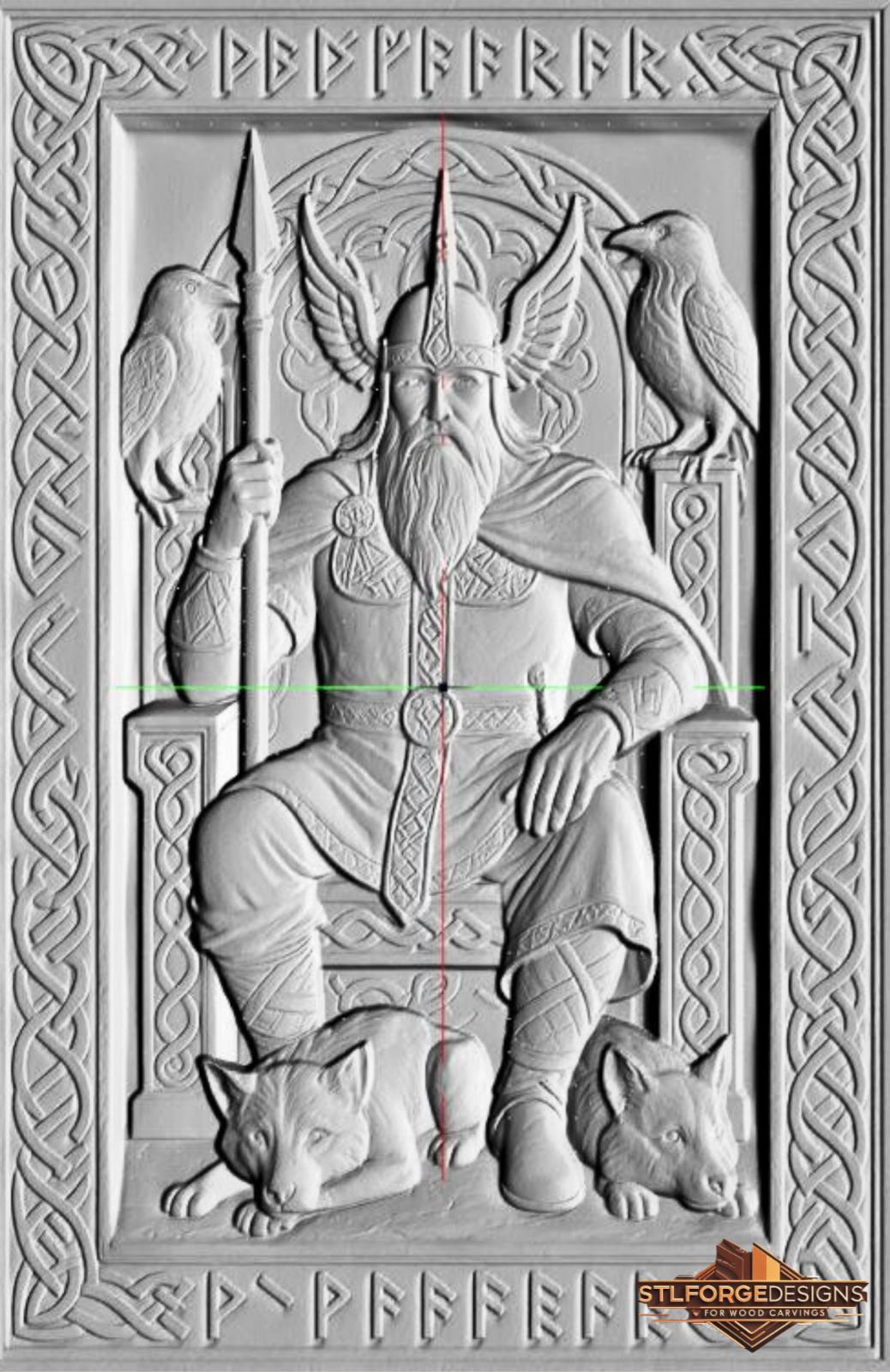 Один трон гарвани вълци руни STL CNC 3D релеф — Norse бог Один седнал на трон с два гарвана на подлакътниците два вълка в краката Гунгнир рунически бордери горе и долу и Celtic рамка модел за дърворезба