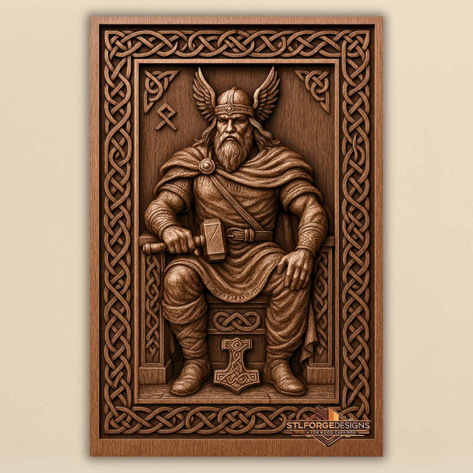 Thor throne Mjolnir STL CNC 3D relief — Thor seated on throne with winged helmet Mjolnir in hand and Mjolnir symbol at base in rich Celtic knotwork frame, wood carving model