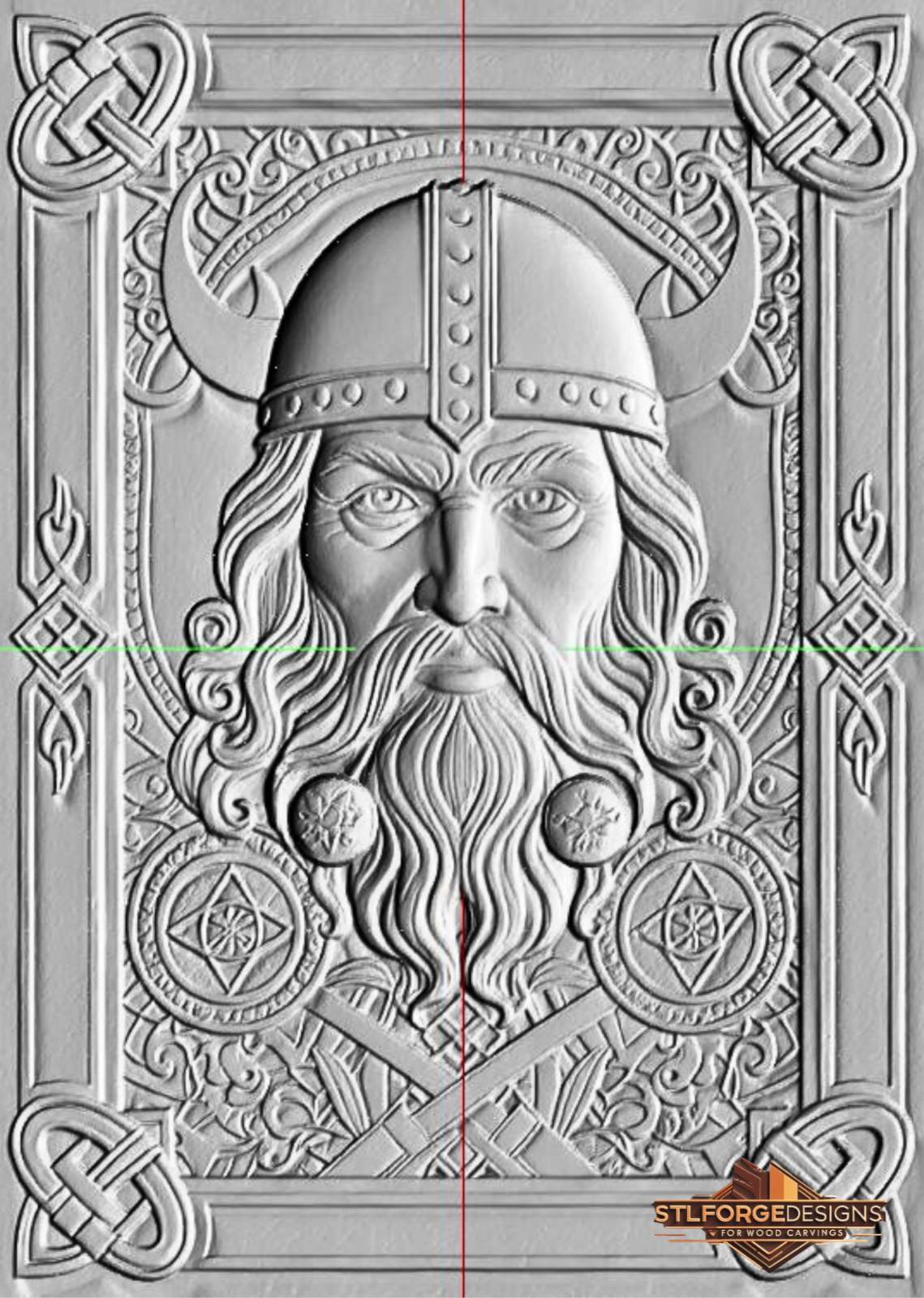 STL file Viking warrior portrait horned helmet CNC — Celtic corners Norse symbols medallions horned helmet CNC-ready for Aspire ArtCAM Fusion 360