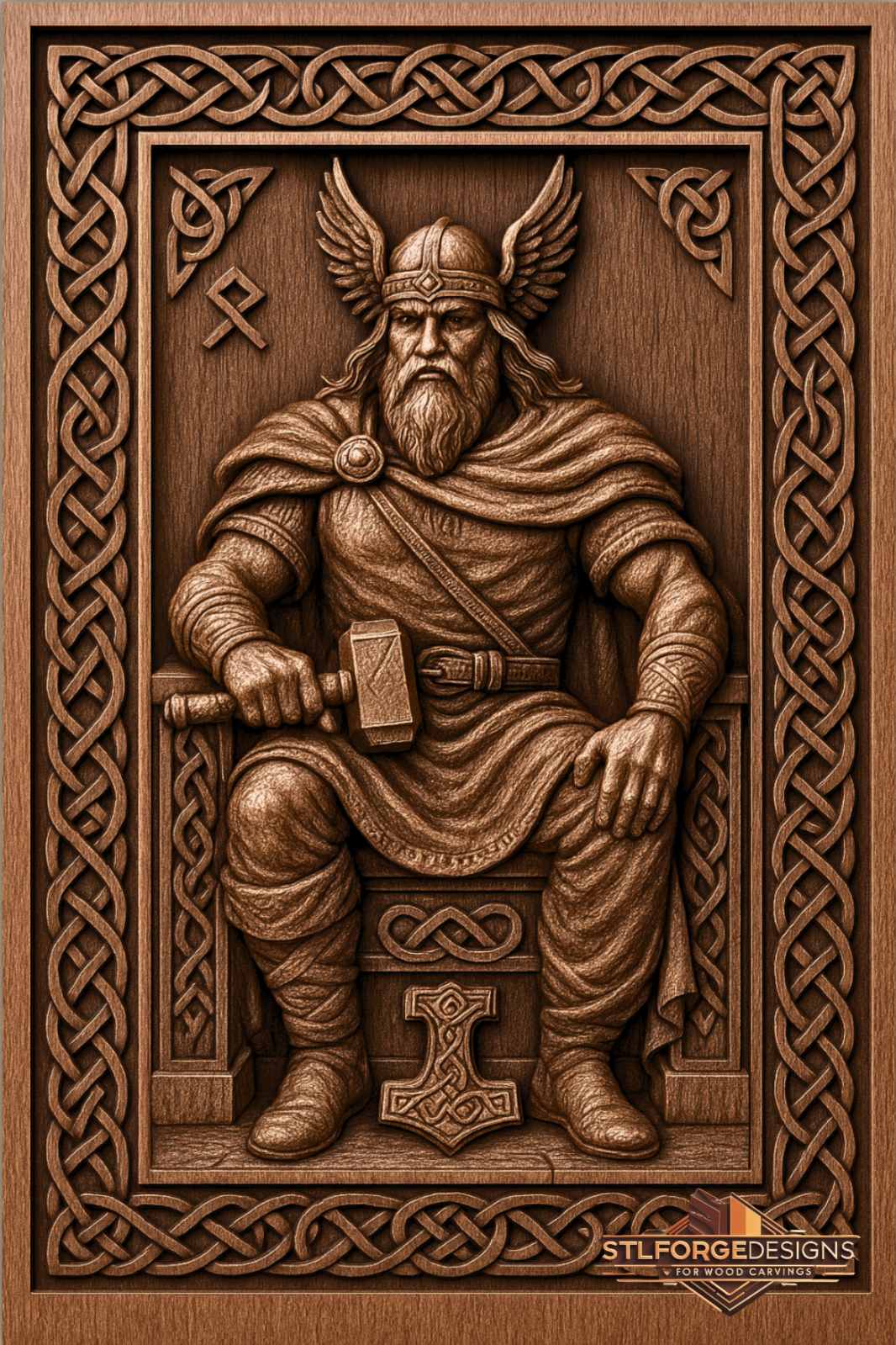 Thor throne Mjolnir STL CNC wall panel — finished wood carving of Thor on throne winged helmet Mjolnir and Mjolnir symbol at base, beech wood