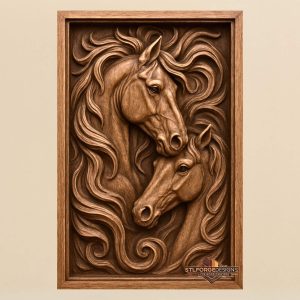 Two horses portrait STL CNC wall panel — finished wood carving of two horse portraits flowing manes in frame romantic style, beech wood