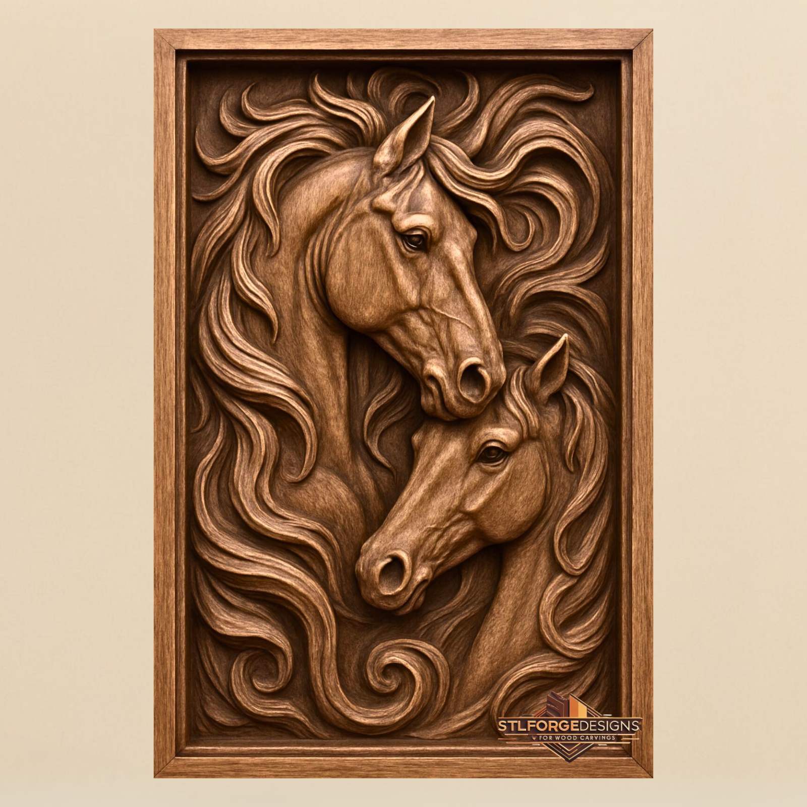 Two horses portrait STL CNC wall panel — finished wood carving of two horse portraits flowing manes in frame romantic style, beech wood