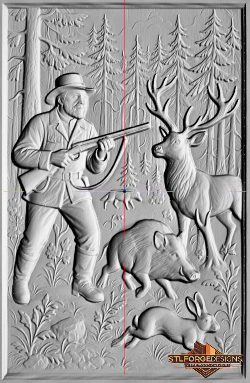 Hunter deer boar rabbit STL CNC 3D relief — hunter aiming at deer boar in foreground rabbit and wolf in pine forest no frame, wood carving model