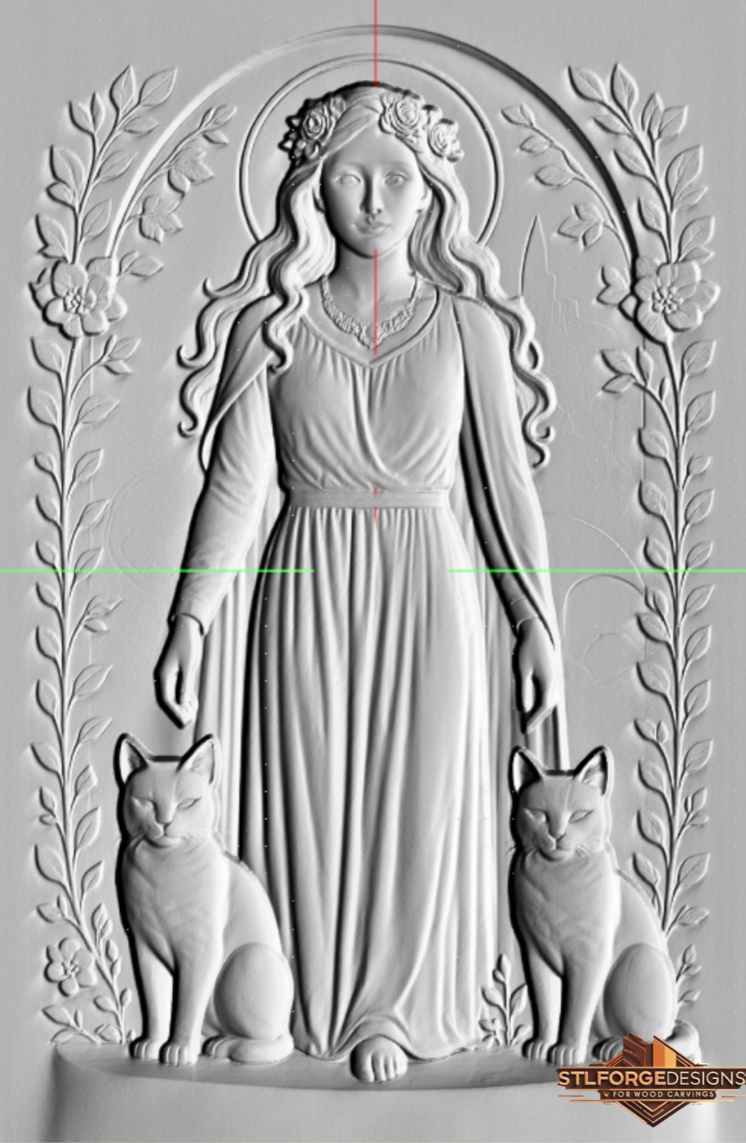 Freya CNC model detail — wood relief with goddess, floral vines and two cats at her feet, high resolution STL