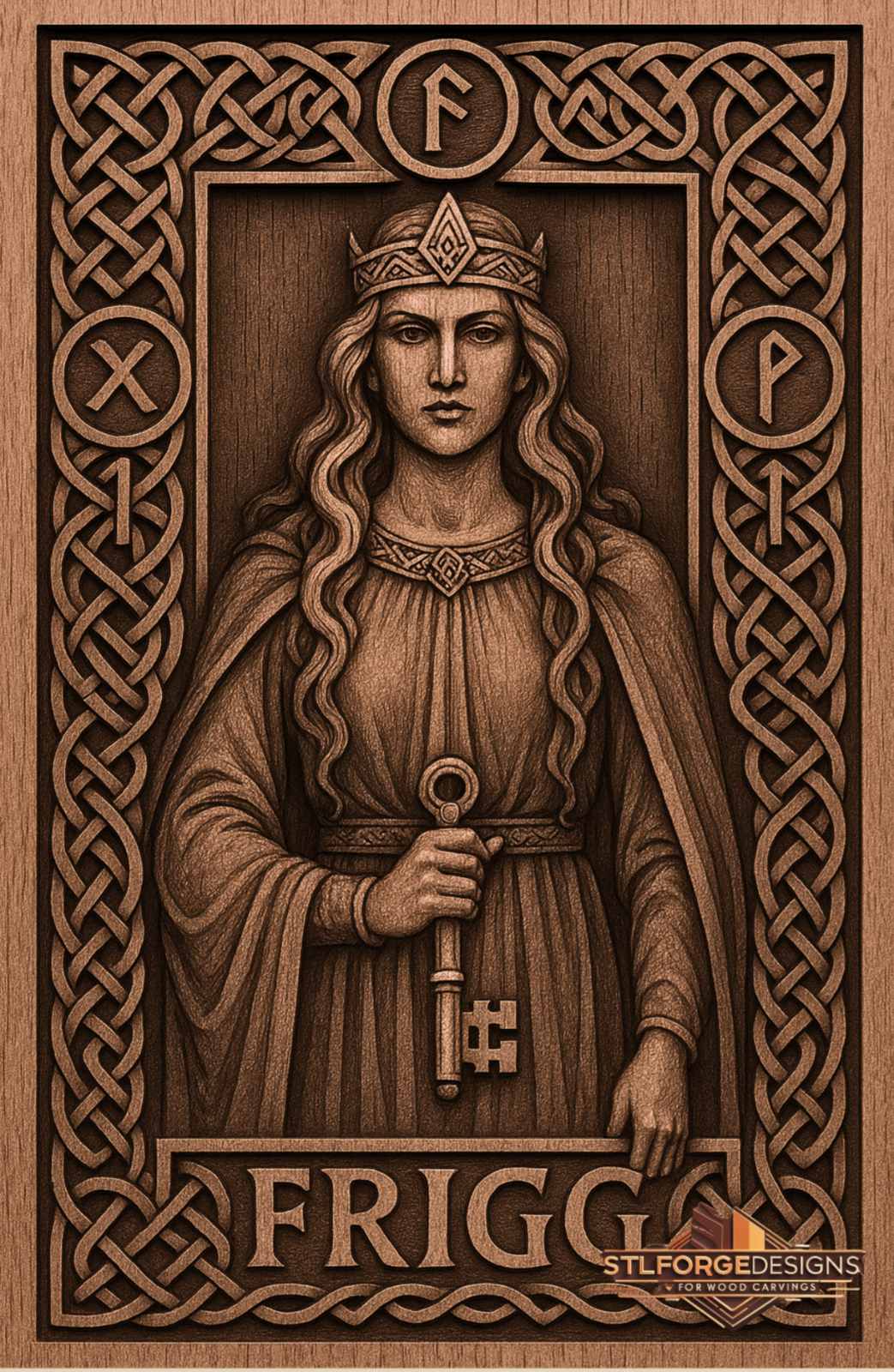 Frigg rune medallions STL CNC 3D relief — Frigg with crown key and four runic medallions in rich Celtic knotwork frame with FRIGG inscription Norse mythology, wood carving model