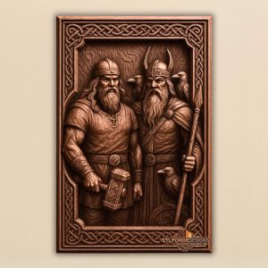 Thor Odin STL file for CNC router — Scandinavian wall panel with two gods and Celtic knotwork border