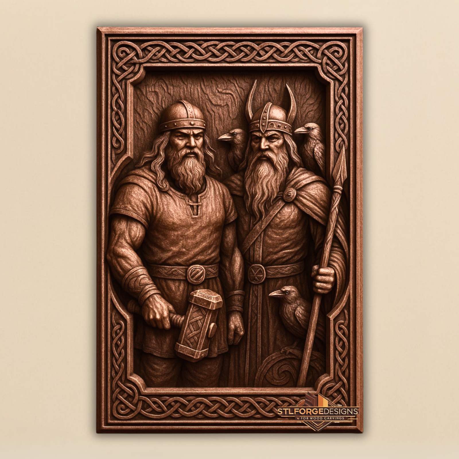Thor Odin STL file for CNC router — Scandinavian wall panel with two gods and Celtic knotwork border