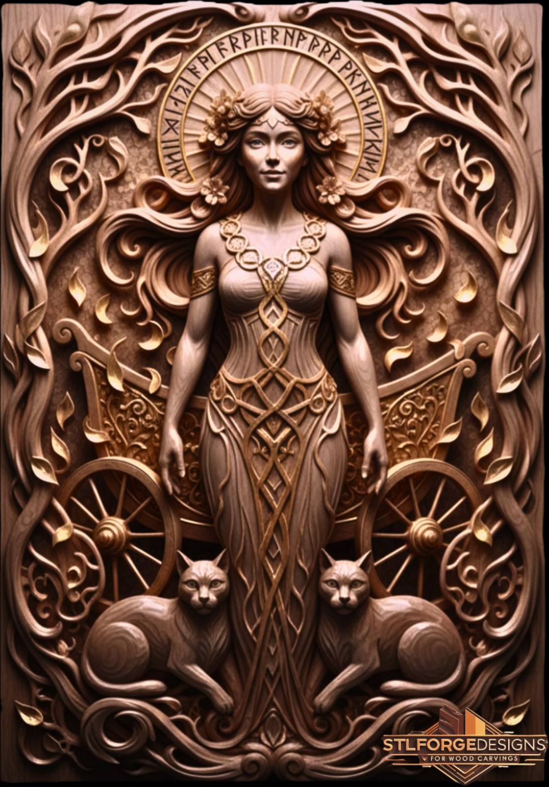 Freya STL file for CNC router — Scandinavian wall panel with goddess, chariot and runes, wood decor