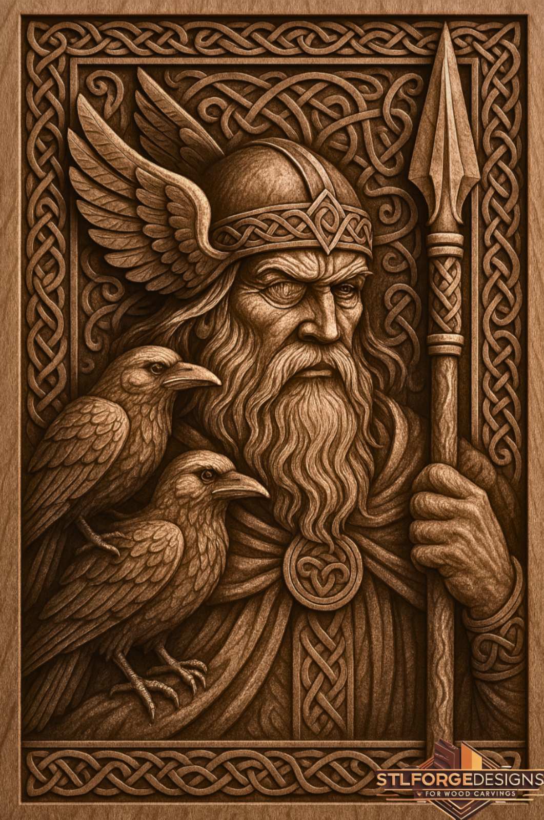 Odin helmet portrait STL CNC 3D relief — Odin with Viking helmet winged raven two ravens Huginn Muninn and Gungnir spear in Celtic knotwork frame, wood carving model
