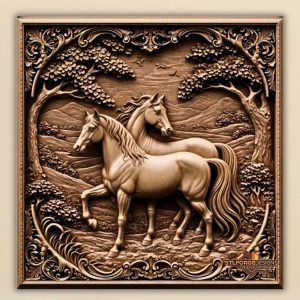 Alt text: Two horses STL CNC 3D relief — two horses in nature with baroque frame trees and mountains, detailed mane, wood carving model