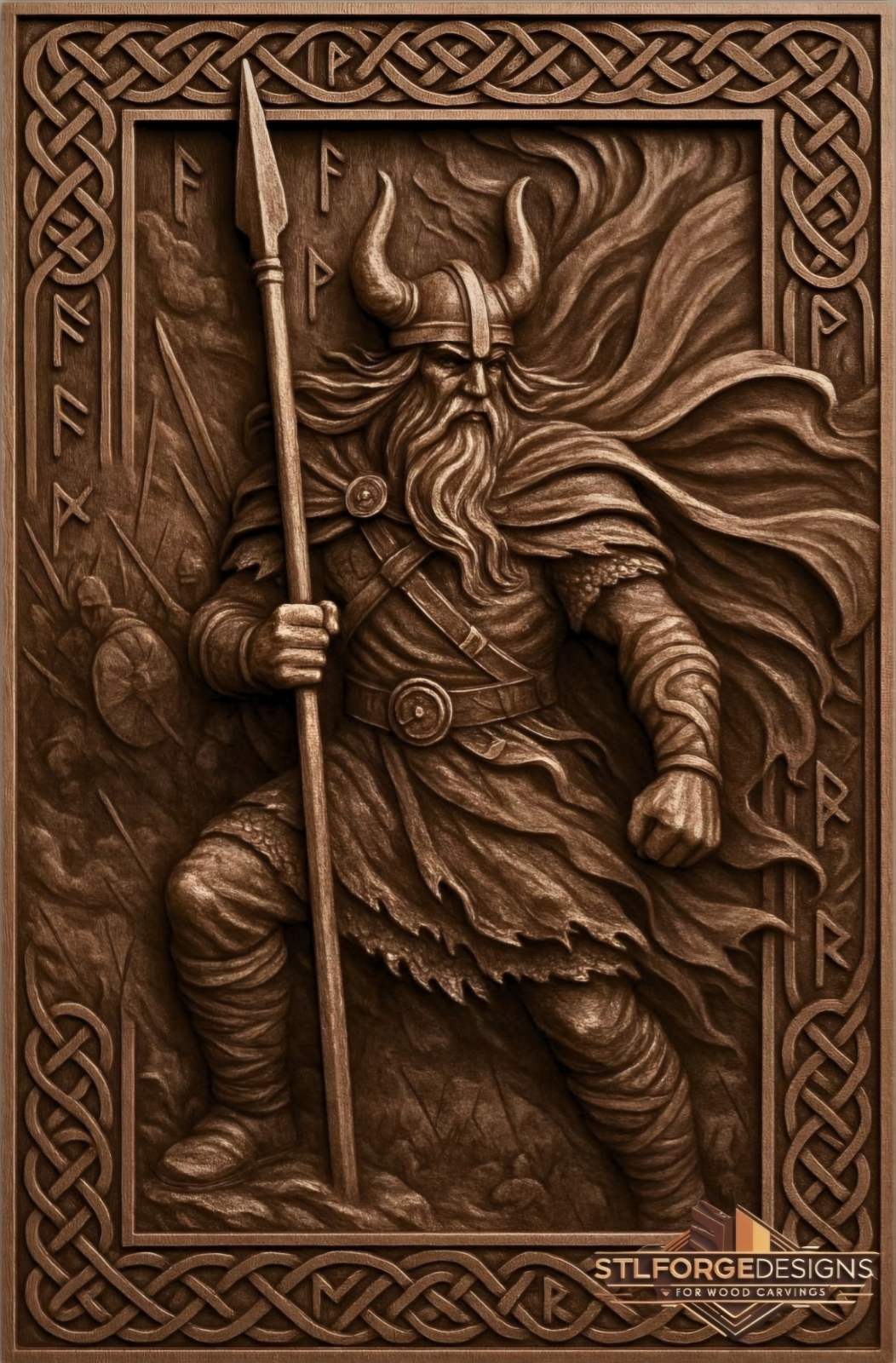 Detail STL CNC Odin battle Norse — horned helmet Gungnir diagonal strike Viking soldiers in background runic signs in side borders and Celtic knotwork frame