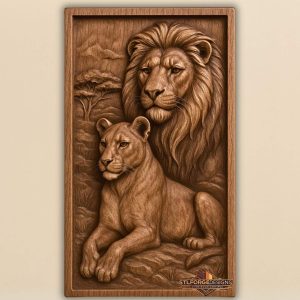Лъв лъвица STL CNC 3D релеф — лъв и лъвица в африканска савана с дървета и планини, детайлна грива, модел за дърворезба