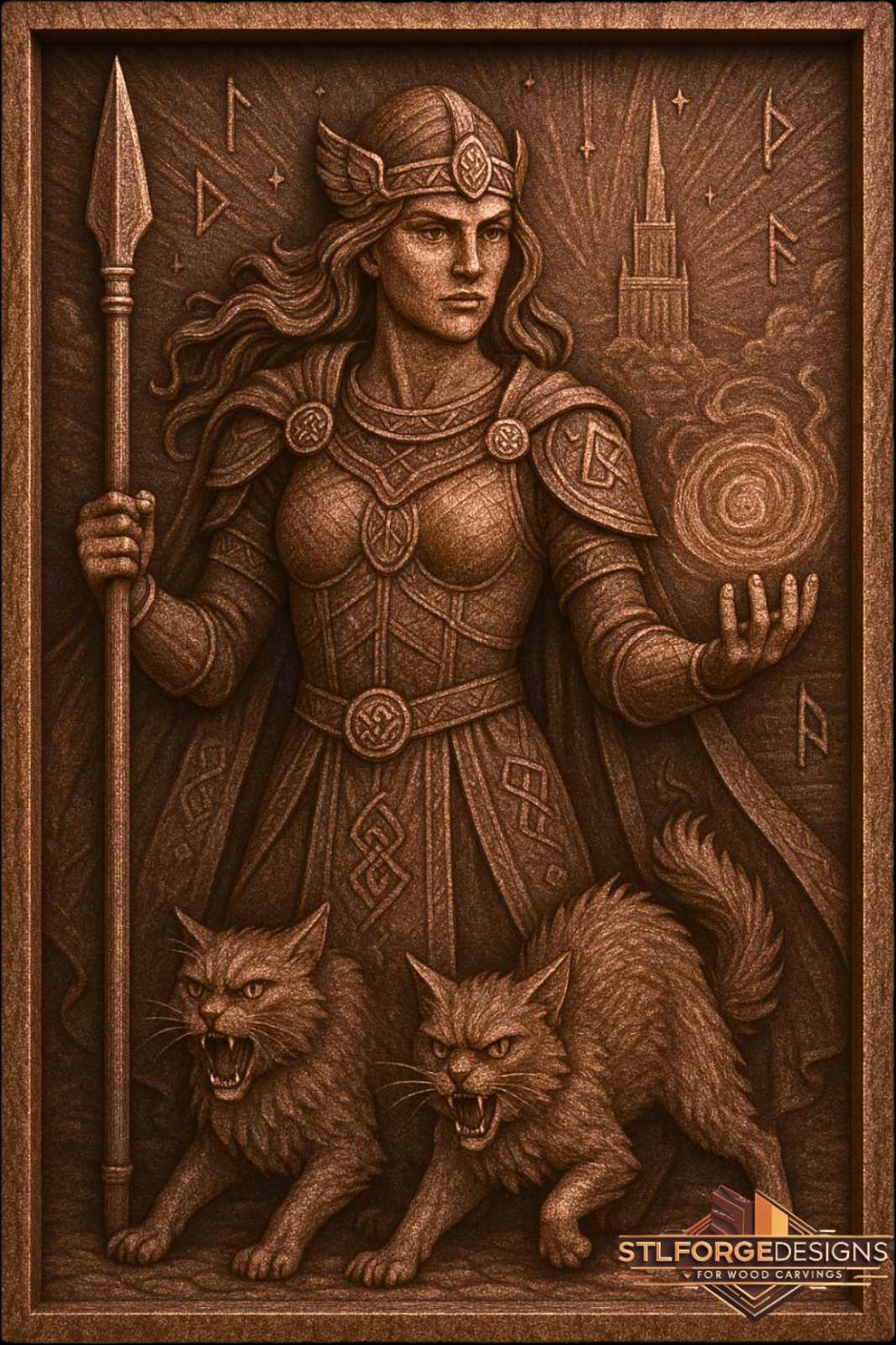 Freya warrior STL CNC 3D relief — Norse goddess in armor with spear, magic orb and three attack cats, wood carving model