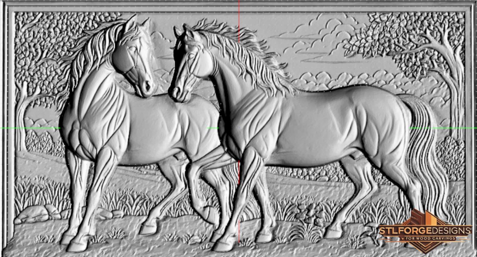 Horses landscape trees STL CNC detail — close-up of horse heads with detailed fur and expressive eyes, trees and hills in background