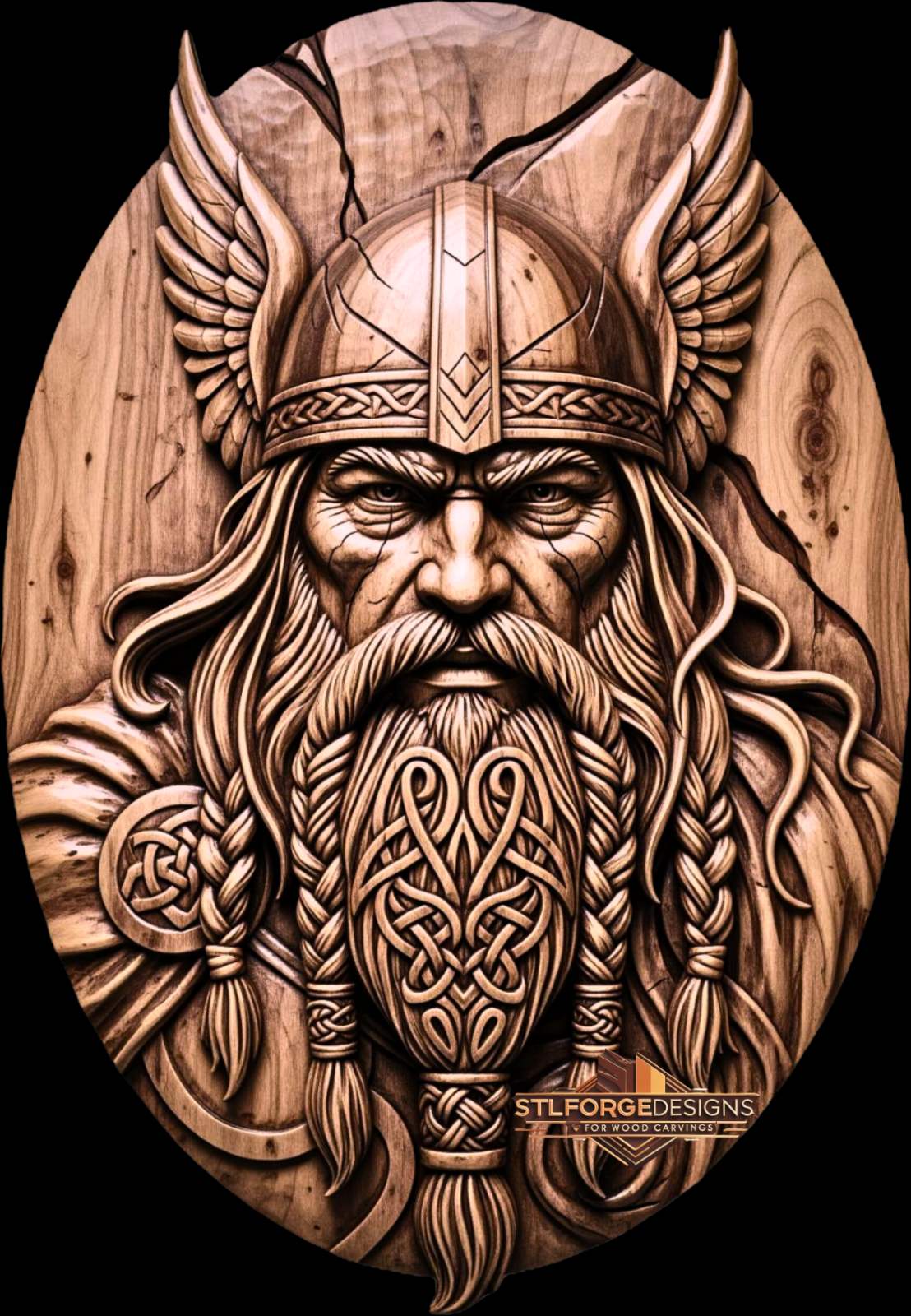 Detail STL CNC Odin oval Norse — winged horned helmet Celtic knotwork beard braids with metal ornaments Celtic medallion left and wood grain texture background with cracks