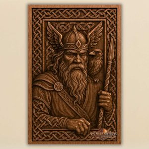 Odin winged helmet STL CNC wall panel — Viking wood carving with raven, spear, and Celtic ornaments on solid beech wood