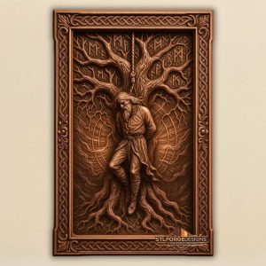 Odin Yggdrasil self-sacrifice STL CNC router 3D relief — Norse god Odin hanging on World Tree Yggdrasil with runes in branches roots below and Celtic knotwork frame wood carving model