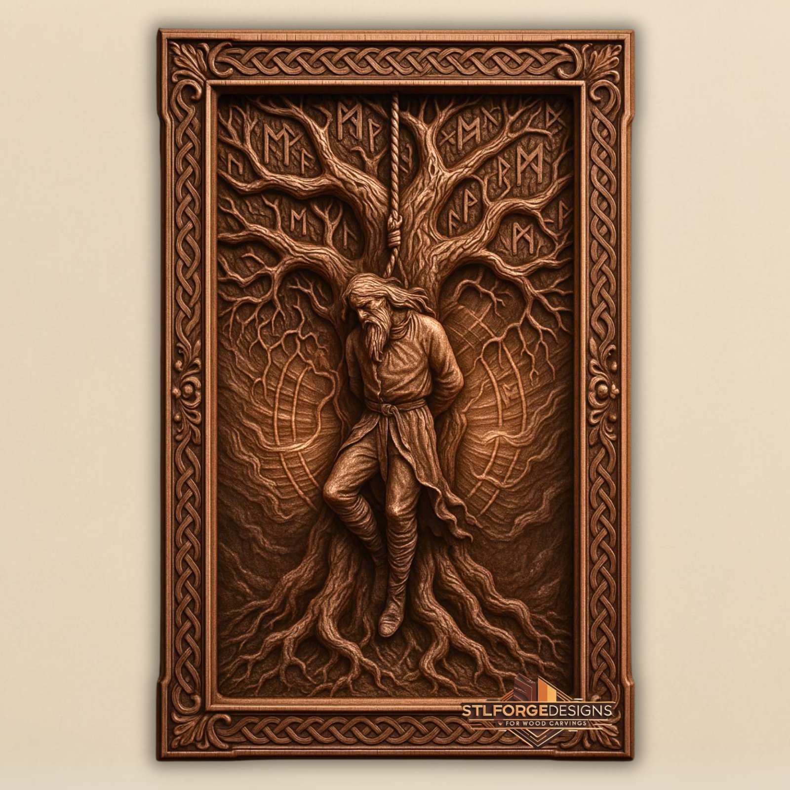 Odin Yggdrasil self-sacrifice STL CNC router 3D relief — Norse god Odin hanging on World Tree Yggdrasil with runes in branches roots below and Celtic knotwork frame wood carving model