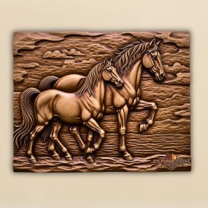 Horses gallop ocean STL CNC 3D relief — mare and foal galloping by the sea with waves and clouds horizontal format no frame, wood carving model