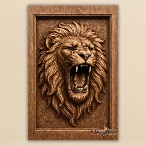 lion head stl file cnc wood carving dramatic portrait 3D relief roaring