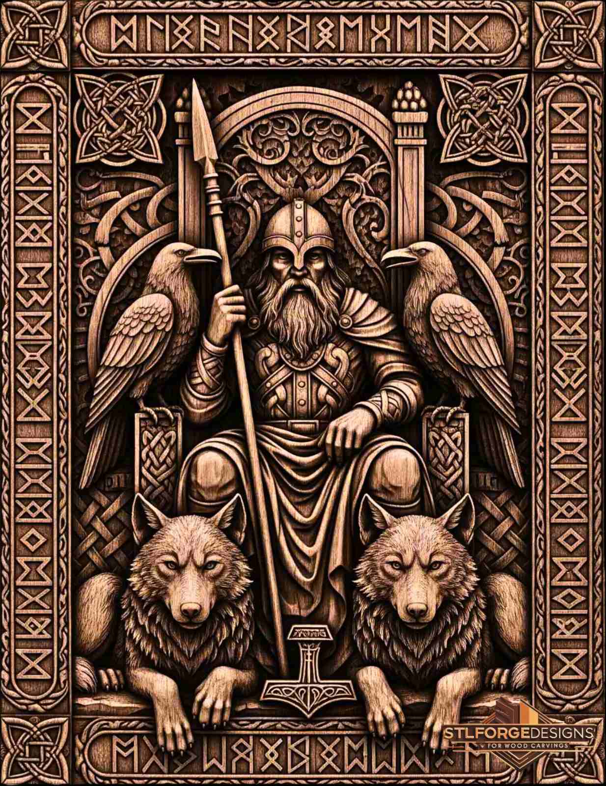 Detail STL CNC Odin throne Norse — Odin with Viking helmet Gungnir two ravens on throne two wolves before him Mjolnir with runes below baroque arch behind throne Norse frame