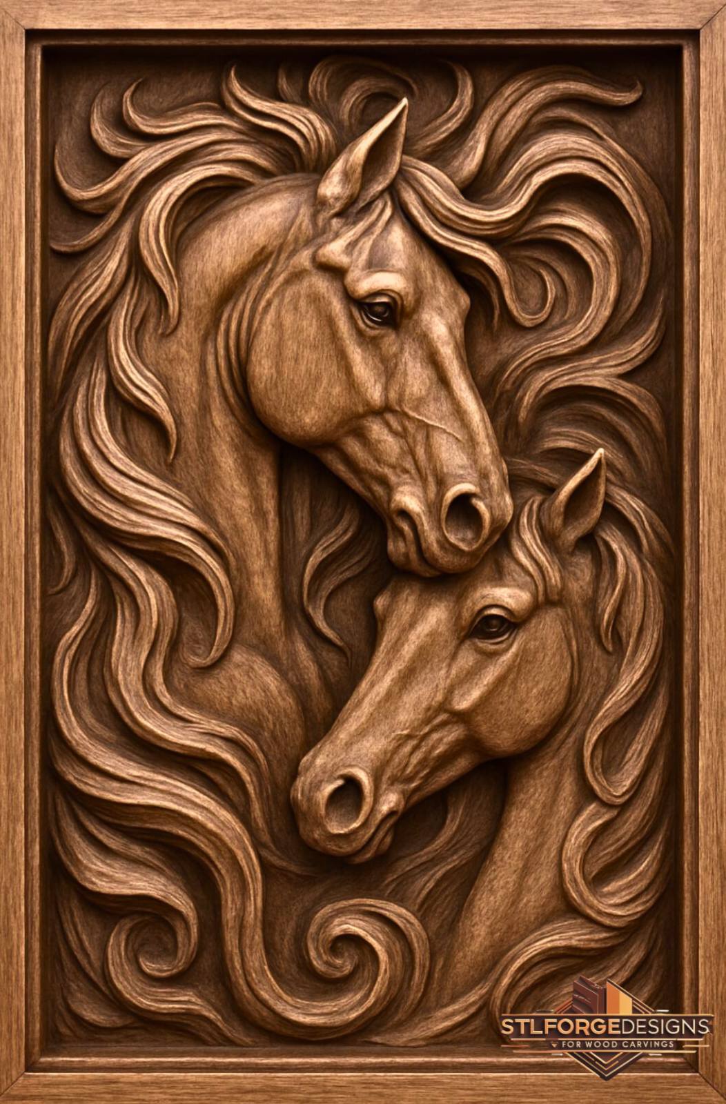 Two horses portrait STL CNC detail — close-up of horse faces with detailed eyes and intertwining mane strands, deep 3D relief