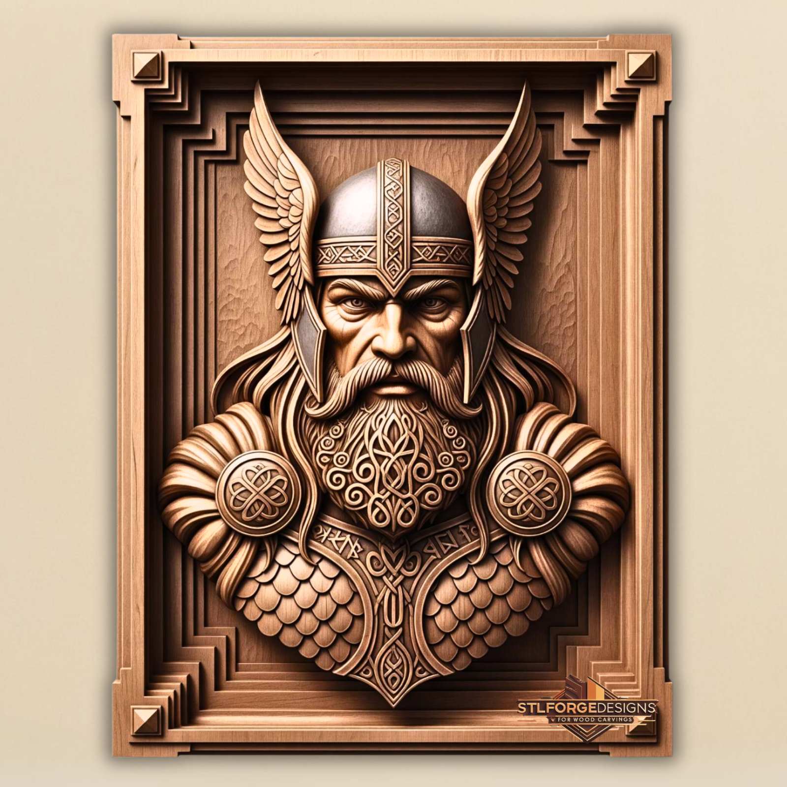 Odin bust armor Mjolnir STL CNC router 3D relief — Norse god Odin bust with scale armor Celtic knotwork beard Mjolnir on chest two Celtic medallions and Art Deco stepped frame wood carving model