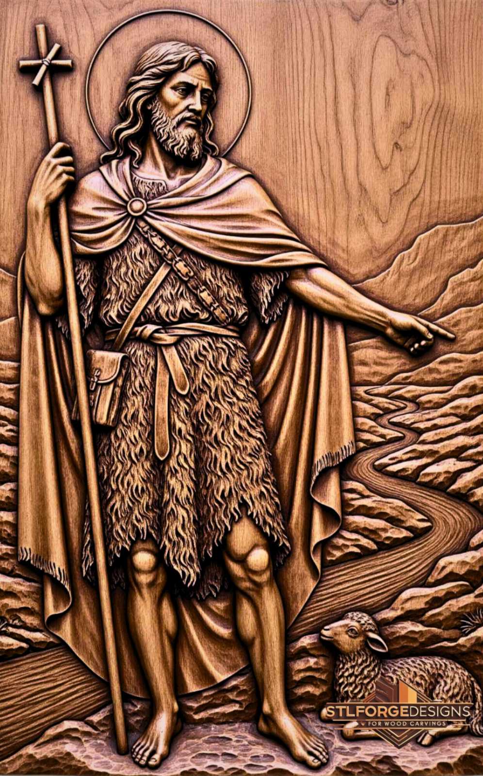 Detail STL CNC John the Baptist realistic — pointing gesture with right hand cross in left realistic camel hair lamb lower right and Jordan river in landscape