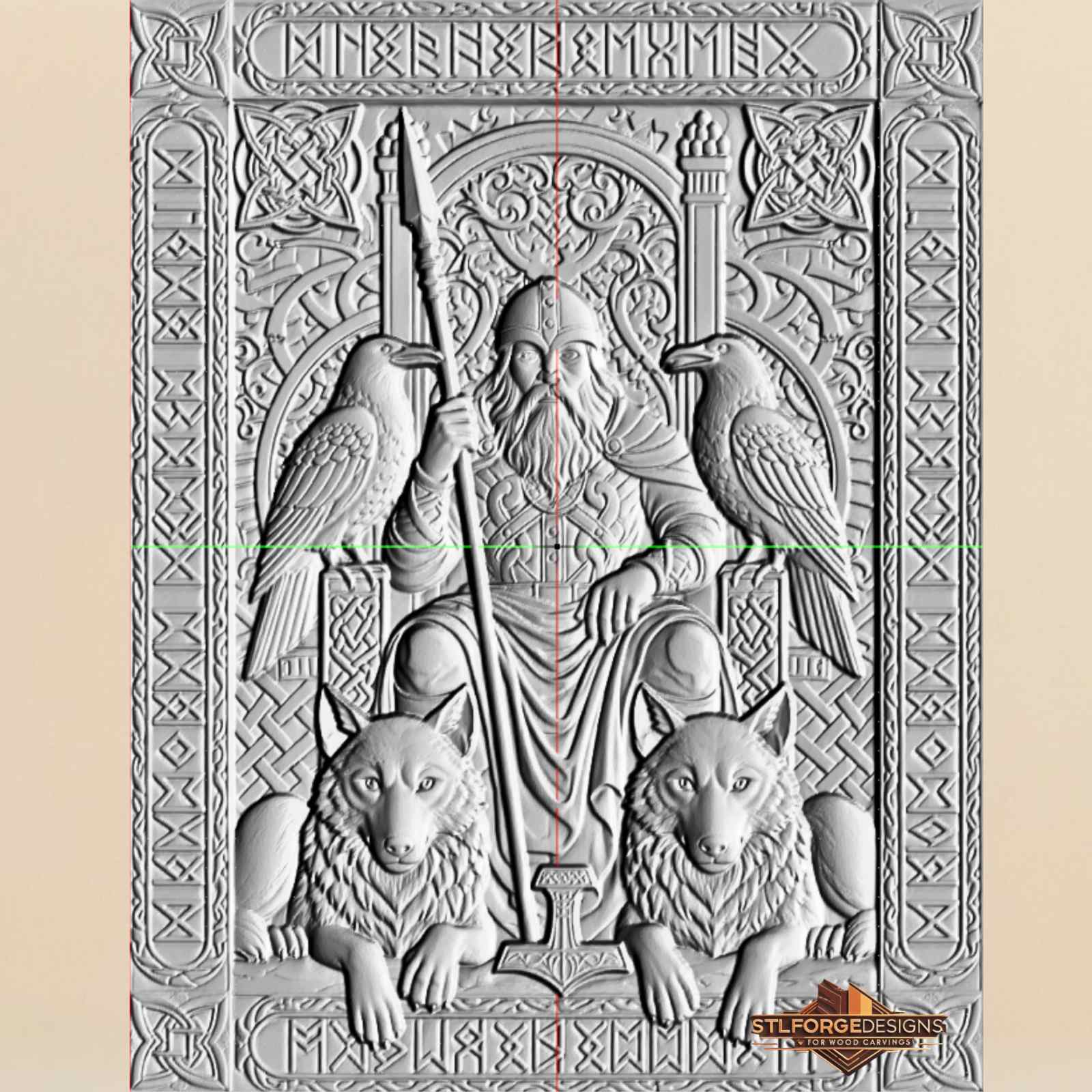 STL file Odin throne Mjolnir bottom CNC — runic borders Norse frame Mjolnir below two wolves two ravens CNC-ready for Aspire ArtCAM Fusion 360