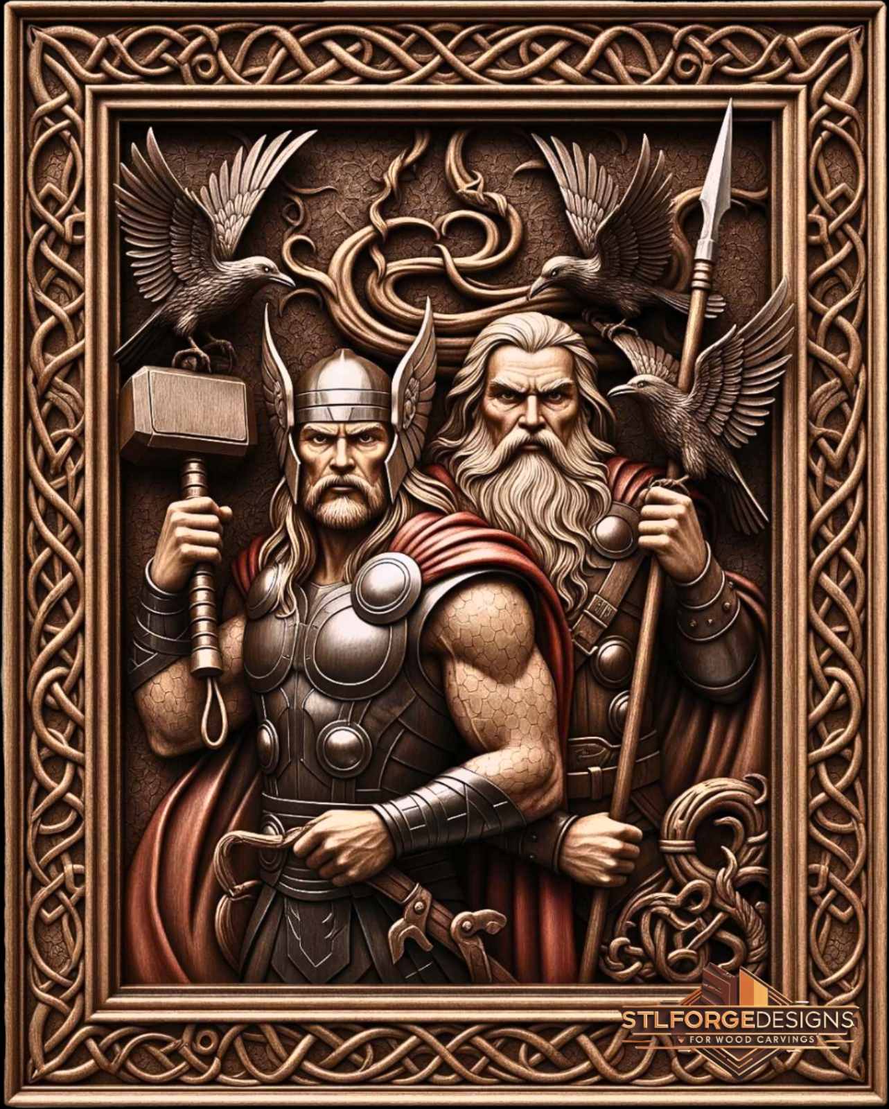 Detail STL CNC Thor Odin Norse — two ravens Huginn Muninn Thor with winged helmet metal armor Odin with white beard Gungnir and Jormungandr spiral ornament background