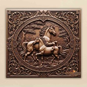 horses stl file cnc wood carving two horses baroque medallion greek meander 3D relief