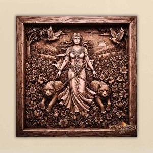 Freya nature STL CNC 3D relief — Norse goddess with cats and birds in flower meadow, wood carving model