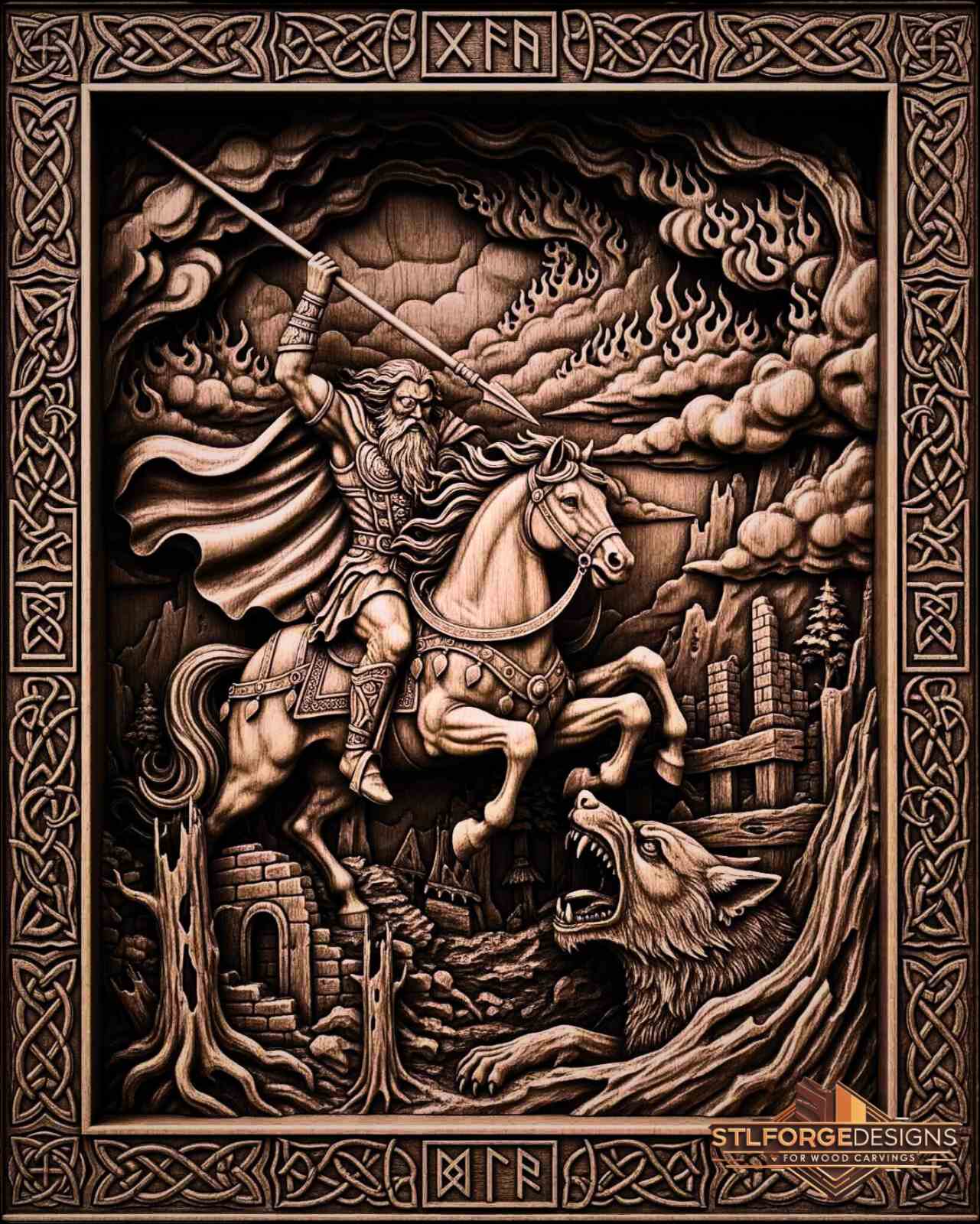 STL file Odin Sleipnir Fenrir fire clouds CNC — fire clouds destroyed buildings runic borders Celtic frame CNC-ready for Aspire ArtCAM Fusion 360
