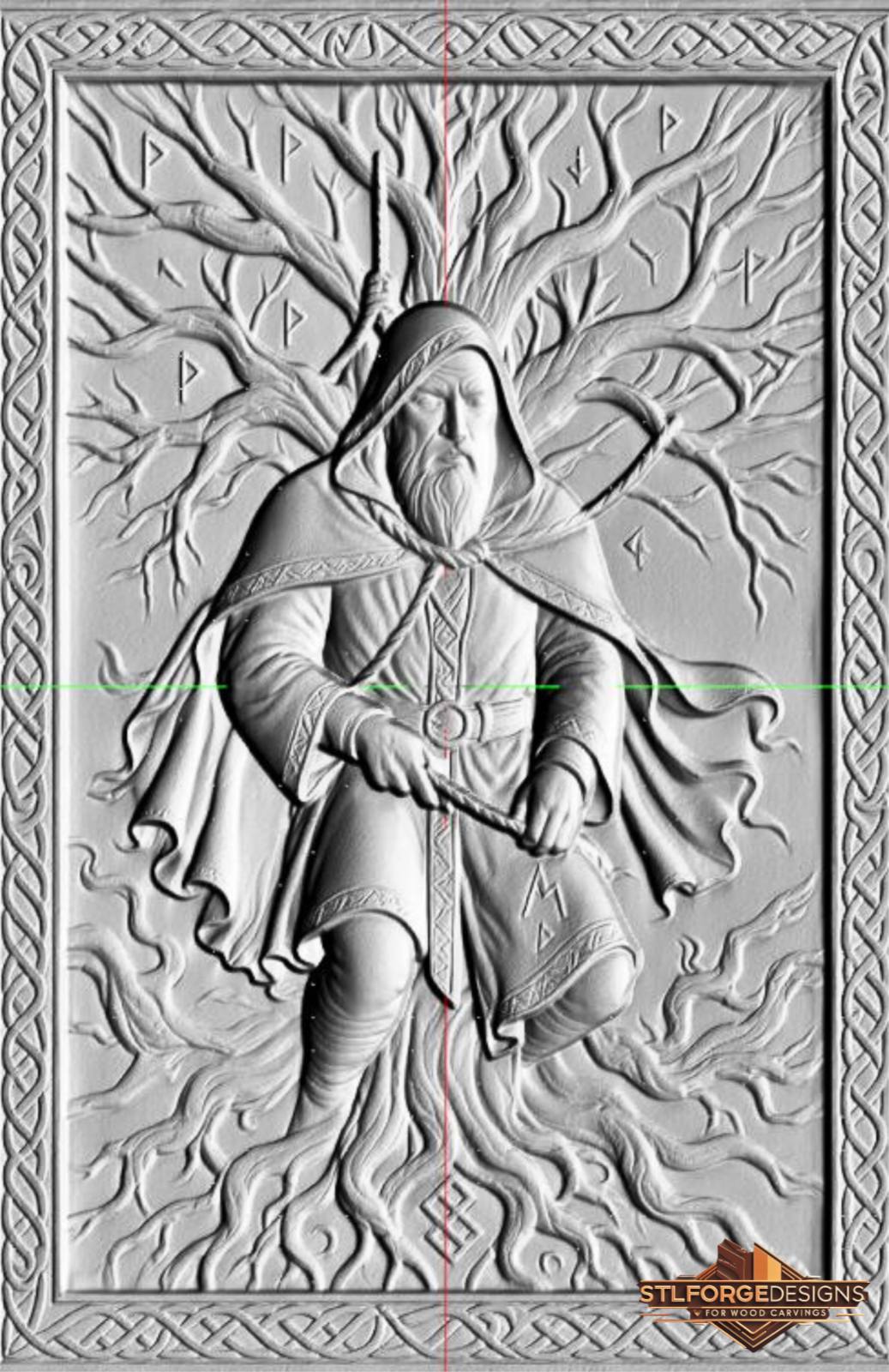 STL file Odin shaman Yggdrasil CNC — glowing runes in branches Norse symbol roots Celtic frame CNC-ready for Aspire ArtCAM Fusion 360